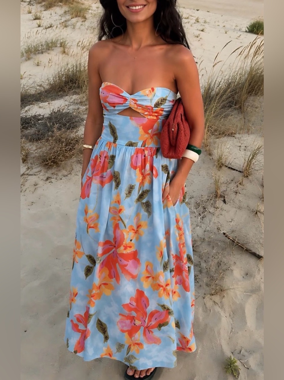 ZARA Strapless floral colorful midi dress